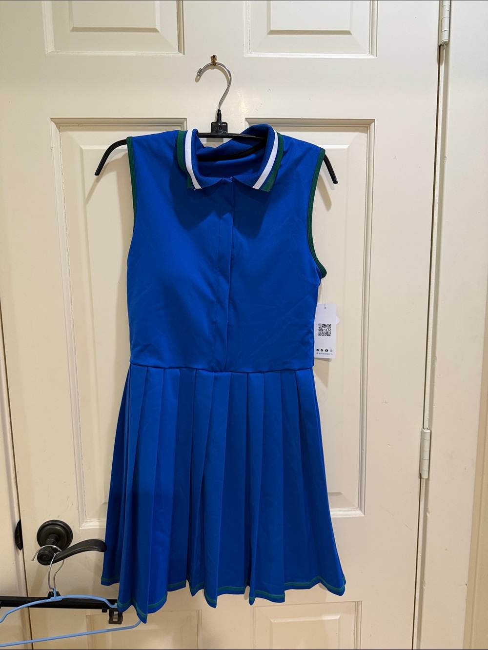 Blue Sleeveless Pleated Polo Dress with Green Trim